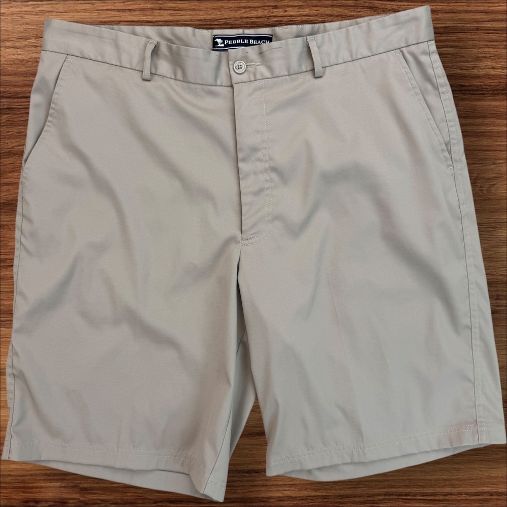 Pebble Beach Golf Shorts Mens 36 Khaki Beige Flat Front Moisture Wicking Casual